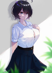 Rule 34 | 1girl, :o, absurdres, ahoge, arm behind back, black hair, blouse, blue skirt, bra, bra peek, breasts, button gap, collarbone, collared shirt, commentary, cowboy shot, dress shirt, eyes visible through hair, hair over one eye, hand on own chest, highres, large breasts, looking at viewer, lovesexieie, original, partially unbuttoned, pleated skirt, shirt, short hair, short sleeves, skirt, solo, sunlight, underwear, white shirt
