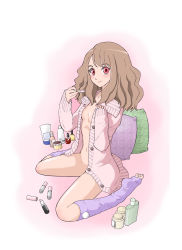 Rule 34 | 1girl, artist request, barefoot, blush, breasts, brown hair, buttons, cardigan, cosmetics, doza village, full body, gradient background, lavender legwear, lipstick, lipstick tube, long sleeves, looking at viewer, makeup, makeup kit, medium hair, naked sweater, navel, no bra, open cardigan, open clothes, open shirt, pillow, pink background, pink eyes, shirt, simple background, sitting, sleeves past wrists, small breasts, smile, socks, solo, sweater, toeless legwear, unbuttoned, wariza, white background