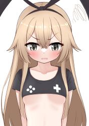 Rule 34 | 1girl, absurdres, black shirt, blonde hair, blush, breasts, collarbone, hair between eyes, highres, kantai collection, long hair, looking down, open mouth, shimakaze (kancolle), shirt, short sleeves, small breasts, solo, squiggle, tiemu (man190), upper body, yellow eyes