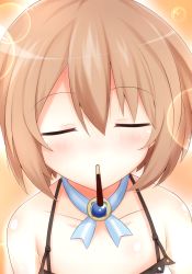Rule 34 | 1girl, bare shoulders, blanc (neptunia), brown hair, closed eyes, food, haru blanc0316, hat, highres, mouth hold, neptune (series), pocky, pocky day, pocky kiss, shared food, short hair, solo