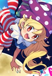 Rule 34 | 1girl, american flag shirt, blonde hair, blue nails, blue pants, blue shirt, blush, clownpiece, eyes visible through hair, fairy wings, hair between eyes, hat, iroyopon, jester cap, long hair, looking at viewer, moon, multicolored clothes, multicolored nails, multicolored pants, multicolored shirt, nail polish, night, night sky, open mouth, pants, polka dot, purple hat, red eyes, red nails, red pants, red shirt, shirt, short sleeves, sky, smile, solo, star (sky), star (symbol), star print, starry sky, striped clothes, striped pants, striped shirt, teeth, touhou, upper teeth only, white pants, white shirt, wings