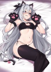 Rule 34 | 1girl, absurdres, animal ear fluff, animal ears, animal hands, blue eyes, blush, bra, breasts, cat ears, cat hair ornament, cat paws, cat tail, clothing cutout, cone hair bun, frilled bra, frills, gloves, grey hair, hair bun, hair ornament, highres, hololive, hololive indonesia, long hair, looking at viewer, medium breasts, navel, panties, paw gloves, paw pose, ribbon, side-tie panties, solo, tail, thighhighs, torpedo (gad3757), underwear, underwear only, vestia zeta, virtual youtuber