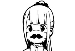 Rule 34 | 1girl, bow, commentary request, coronavirus pandemic, fake facial hair, fake mustache, greyscale, hair ornament, hair scrunchie, high contrast, hitoribocchi no marumaru seikatsu, honshou aru, katsuwo (cr66g), looking at viewer, mask, monochrome, mouth mask, ponytail, portrait, scrunchie, simple background, solo, surgical mask, white background