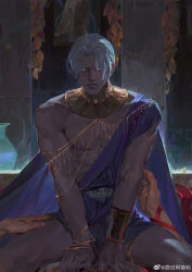 Rule 34 | 1boy, abs, absurdres, between legs, blush, bracelet, commentary, dark, feet out of frame, gold, gorget, hades (series), hades 1, hand between legs, hand under clothes, hands on another&#039;s hips, highres, jewelry, lips, looking at viewer, luguoadeli (maple12031), male focus, muscular, muscular male, nose, parted bangs, parted lips, short hair, sitting, solo focus, spread legs, straight-on, symbol-only commentary, thanatos (hades), v arms, white hair, yellow eyes