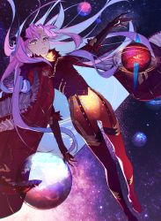 Rule 34 | 1girl, blue hair, bodysuit, breasts, cloak, facial mark, fate/grand order, fate (series), forehead mark, fur-trimmed cloak, fur trim, highres, horns, ishtar (fate), long hair, looking at viewer, multicolored hair, orange bodysuit, pink hair, red bodysuit, red cloak, ringed eyes, small breasts, solo, space, space ishtar (fate), space ishtar (third ascension) (fate), spikes, star-shaped pupils, star (symbol), swdrk, symbol-shaped pupils, two-tone hair, two side up, very long hair, yellow eyes