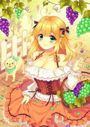 Rule 34 | 1girl, ahoge, bandana, bare shoulders, basket, blonde hair, bow, breasts, cleavage, dog, dress, fence, food, frills, fruit, grapes, green eyes, hair bow, half updo, long hair, long sleeves, mashuu (masyu), original, puppy, short twintails, smile, solo, twintails, two side up
