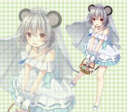 Rule 34 | 1girl, :d, alternate costume, animal ears, bare legs, basket, blue bow, blush, bow, brown eyes, commentary request, dress, flower, footwear bow, gloves, grey hair, hair between eyes, holding, holding basket, jewelry, long hair, looking at viewer, mouse (animal), mouse ears, nazrin, necklace, open mouth, plaid, plaid background, rose, shiromikan, shoes, short hair, smile, standing, tiara, touhou, veil, white footwear, white gloves, zoom layer
