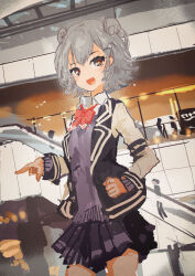 1girl absurdres black_jacket blush bow bowtie building cevio clenched_hand commentary_request cowboy_shot double_bun dutch_angle escalator grey_eyes grey_hair hair_bun highres indoors jacket kabuyama_kaigi koharu_rikka long_sleeves looking_at_viewer multicolored_jacket people pink_bow pink_bowtie pleated_skirt pointing purple_skirt purple_sweater short_hair skirt smile solo_focus standing sweater synthesizer_v two-tone_jacket white_jacket