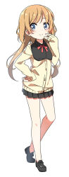 Rule 34 | 1girl, bare legs, black collar, black footwear, black skirt, blue eyes, blush, cardigan, collar, commentary request, full body, hand to own mouth, hatsunatsu, light brown hair, long hair, long sleeves, looking at viewer, miniskirt, no socks, original, pleated skirt, red ribbon, ribbon, shoes, simple background, skirt, sleeves past wrists, smile, solo, standing, white background, wing collar