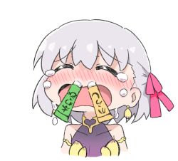 Rule 34 | 1girl, bare shoulders, blush, chibi, closed eyes, crying, fate/grand order, fate (series), grey hair, hair ribbon, kama (fate), kama (first ascension) (fate), mustard, nose blush, not on shana, open mouth, pink ribbon, ribbon, short hair, simple background, solo, tears, upper body, wasabi, white background