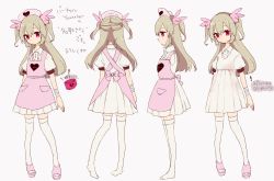 Rule 34 | 1girl, apron, armband, bandages, rabbit hair ornament, character sheet, closed mouth, dress, from behind, from side, full body, grey background, hair ornament, hat, heart, highres, light brown hair, long hair, looking at viewer, multiple views, natori sana, nurse cap, official art, pink apron, pink headwear, puffy short sleeves, puffy sleeves, red eyes, safety pin, sana channel, short sleeves, simple background, stained clothes, thighhighs, translated, two side up, virtual youtuber, white dress, white thighhighs, zettai ryouiki