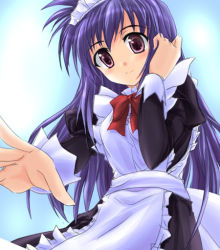 Rule 34 | 00s, 1girl, apron, blush, brown eyes, farin k. ehrlichkeit, frills, hand in own hair, kusakami akira, long sleeves, looking at viewer, lyrical nanoha, mahou shoujo lyrical nanoha, maid, maid apron, maid headdress, outstretched arm, purple hair, smile, solo