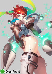Rule 34 | 1girl, armor, blunt bangs, breasts, funnels (gundam), highres, impossible clothes, impossible leotard, leotard, mecha musume, million chain, official art, pauldrons, pink eyes, red hair, scarf, short hair, shoulder armor, skin tight, solo, thighhighs, thrusters, tomoyuki kotani