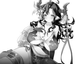 Rule 34 | 1girl, augusta (granblue fantasy), bare shoulders, black hair, blush, breasts, collarbone, covered erect nipples, granblue fantasy, greyscale, hair ornament, horn ornament, horns, inverted nipples, koza game, large breasts, monochrome, panties, side-tie panties, simple background, solo, thigh strap, underwear, white background