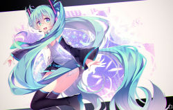 Rule 34 | 1girl, absurdly long hair, aqua eyes, aqua hair, ass, black thighhighs, boots, detached sleeves, hatsune miku, headset, highres, long hair, long sleeves, looking at viewer, miniskirt, multicolored eyes, necktie, niwashi (yuyu), open mouth, panties, pantyshot, shirt, skirt, smile, solo, standing, thigh boots, thighhighs, twintails, underwear, upskirt, very long hair, vocaloid, white panties, wide sleeves