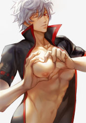 Rule 34 | 1boy, abs, collarbone, deep skin, gintama, hair between eyes, hangleing, heart, heart-shaped boob challenge, heart hands, looking at viewer, male focus, navel, nipples, one eye closed, open clothes, parted lips, popped collar, ribbon-trimmed sleeves, ribbon trim, sakata gintoki, short sleeves, silver hair, solo, upper body, white background