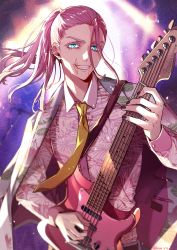 Rule 34 | 1boy, black nails, blouse, blue eyes, collared shirt, cowboy shot, earrings, formal, grin, guitar, hair pulled back, highres, holding, holding instrument, instrument, jacket, jacket on shoulders, jewelry, kaya lily, long hair, looking at viewer, male focus, nail polish, necktie, pink hair, pink jacket, pink shirt, pink suit, ponytail, sanzu haruchiyo, scar, scar on face, shirt, smile, solo, standing, suit, tokyo revengers, yellow necktie