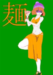 Rule 34 | 1girl, arms (game), beanie, blonde hair, breasts, chinese clothes, chopsticks, facepaint, food, green eyes, hat, humanization, looking at viewer, mask, min min (arms), navel, noodles, ramen, short hair, smile, solo