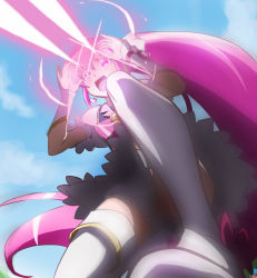 Rule 34 | 10s, 1girl, aino megumi, beams, boots, cloud, cure lovely, day, eye beam, happinesscharge precure!, haruyama kazunori, kneeling, long hair, magical girl, on one knee, open mouth, pink eyes, pink hair, ponytail, precure, sky, solo, thigh boots, thighhighs, very long hair, white thighhighs, wide ponytail