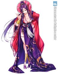 Rule 34 | 1girl, breasts, chinese, chinese clothes, female focus, hand on own hip, highres, large breasts, long hair, looking at viewer, majo taisen chronicle, pointing, purple hair, red eyes, solo, thighhighs, very long hair, wu zetian (majo taisen chronicle)
