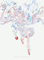 Rule 34 | 1girl, air bubble, ajimita, apple, bare arms, bare shoulders, bubble, chess piece, commentary request, cup, dress, drinking glass, floating, floating hair, flower, food, fruit, hatsune miku, highres, long hair, looking at viewer, multicolored hair, red eyes, red footwear, red hair, scales, shoes, sleeveless, sleeveless dress, solo, streaked hair, string, string around finger, string of fate, twintails, two-tone hair, very long hair, vocaloid, white dress, white hair, wine glass