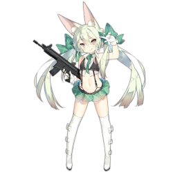 Rule 34 | 1girl, :q, animal ear fluff, animal ears, arm up, art556 (girls&#039; frontline), assault rifle, bikini, bikini top only, black bikini, blush, boots, bow, brazil, brown eyes, closed mouth, collared shirt, commentary, crop top, flat chest, full body, girls&#039; frontline, gloves, green bow, green hair, green ribbon, green skirt, gun, hair between eyes, hair bow, hair ribbon, hand up, holding, holding gun, holding weapon, long hair, looking at viewer, microskirt, midriff, name connection, navel, neck ribbon, object namesake, official art, over-kneehighs, pleated skirt, ribbon, rifle, saru, shadow, shirt, skirt, sleeveless, smile, solo, standing, suspender skirt, suspenders, swimsuit, taurus art556, thigh boots, thighhighs, tongue, tongue out, transparent background, twintails, weapon, white footwear, white gloves, white shirt, white thighhighs