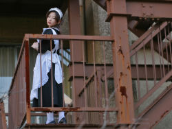 Rule 34 | apron, character request, cosplay, maid, maid apron, misaki ema, photo (medium), rust, source request, stairs