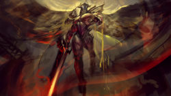Rule 34 | 1boy, aatrox, armor, flying, glowing, glowing eyes, gradient background, highres, holding, holding sword, holding weapon, league of legends, male focus, muscular, muscular male, solo, sword, weapon, wings, wutu (1183238220)