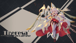 Rule 34 | 1girl, absurdres, bare shoulders, blue eyes, closed mouth, cross (weapon), hair between eyes, highres, honkai (series), honkai impact 3rd, kneehighs, looking at viewer, outstretched arms, red skirt, shoes, side ponytail, skirt, socks, solo, standing, theresa apocalypse, theresa apocalypse (celestial hymn), weapon, white hair, white socks, zxllor
