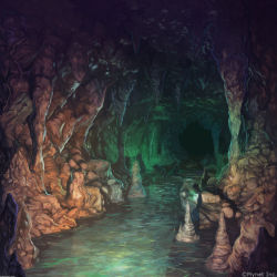 Rule 34 | angelmaster, arsenixc, cave, commentary request, dark, highres, indoors, no humans, river, scenery, stalactite, stalagmite, stone, water, watermark