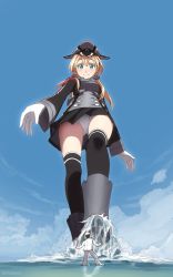 Rule 34 | 1boy, 1girl, admiral (kancolle), artist name, black jacket, black skirt, black thighhighs, blonde hair, blue background, blue sky, blush, boots, breasts, closed mouth, cloud, day, foreshortening, from behind, from below, full body, giant, giantess, gloves, grey footwear, grey headwear, hair ornament, happy, hat, headgear, highres, jacket, kantai collection, long hair, long sleeves, looking at another, looking down, medium breasts, miniskirt, outdoors, panties, pants, pantyshot, peaked cap, pleated skirt, prinz eugen (kancolle), shapoco, sidelocks, skirt, sky, smile, solo focus, split mouth, standing, thighhighs, twintails, twitter username, underwear, upskirt, wading, walking, water, watermark, waves, white gloves, white headwear, white jacket, white panties, white pants