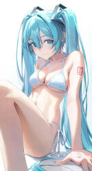 1girl absurdres arm_support bare_arms bare_legs bare_shoulders bikini blue_eyes blue_hair blush breasts closed_mouth collarbone feet_out_of_frame front-tie_top hair_between_eyes hair_ornament halterneck hatsune_miku highres long_hair looking_at_viewer medium_breasts navel nyamunyamu ribbon shoulder_tattoo sidelocks simple_background sitting smile solo stomach string_bikini swimsuit tattoo thighs twintails very_long_hair vocaloid white_background white_bikini