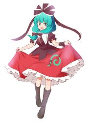 Rule 34 | 1girl, aqua hair, arm ribbon, boots, bow, frilled ribbon, frills, front ponytail, full body, green eyes, hair bow, hair ribbon, highres, kagiyama hina, lifting own clothes, looking at viewer, mizusoba, open mouth, puffy short sleeves, puffy sleeves, red bow, red ribbon, ribbon, short sleeves, simple background, smile, solo, touhou, white background