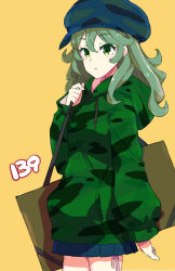 Rule 34 | 1girl, backpack, bag, blue hat, blue skirt, breasts, brown bag, camouflage, camouflage headwear, camouflage hoodie, commentary request, cowboy shot, flat cap, green eyes, green hair, green hoodie, hat, highres, hood, hood down, hoodie, jack (wkm74959), long sleeves, medium hair, miniskirt, one-hour drawing challenge, pleated skirt, puffy sleeves, simple background, skirt, small breasts, solo, touhou, yamashiro takane, yellow background