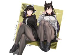 Rule 34 | 2girls, :q, absurdres, animal ears, artist name, atago (azur lane), atago (school traumerei) (azur lane), azur lane, black footwear, black hair, black pantyhose, black sailor collar, black serafuku, black skirt, bow, breasts, cardigan, character name, chieftain art13, copyright name, crossed legs, extra ears, fine fabric emphasis, foot out of frame, full body, hair bow, hair ears, hair ribbon, highres, knee up, knees up, large breasts, legs, long hair, long sleeves, looking at viewer, miniskirt, mole, mole under eye, multiple girls, neckerchief, official alternate costume, panties, panties under pantyhose, pantyhose, pantyshot, pleated skirt, ponytail, ribbon, sailor collar, school uniform, serafuku, shoes, simple background, sitting, skirt, takao (azur lane), takao (school romanza) (azur lane), tongue, tongue out, underwear, uniform, white background, white bow, white cardigan, white neckerchief, white panties, white ribbon, yellow eyes