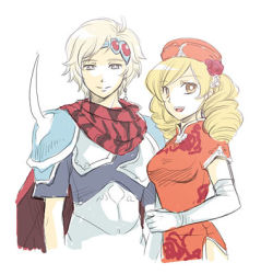 Rule 34 | 1990s (style), 1boy, 1girl, armor, blonde hair, ceodore harvey, china dress, chinese clothes, dress, elbow gloves, final fantasy, final fantasy iv, final fantasy iv: the after years, flower, gloves, hat, headdress, long hair, lowres, rose, scarf, short hair, silver hair, souchi, twintails, ursula leiden, white gloves, yellow eyes