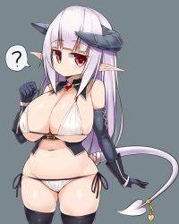 Rule 34 | 1girl, ?, bare shoulders, belly, black gloves, blush, bra, breasts, brooch, demon girl, demon horns, demon tail, detached collar, elbow gloves, fat rolls, gloves, heart-shaped gem, horns, huge breasts, jewelry, jitome, long hair, looking at viewer, navel, original, panties, plump, purple hair, red eyes, sawati, side-tie panties, simple background, skindentation, solo, spoken question mark, demon girl, tail, tail ornament, tail ring, thick thighs, thighhighs, thighs, underwear, underwear only, very long hair, yuna (sawati)