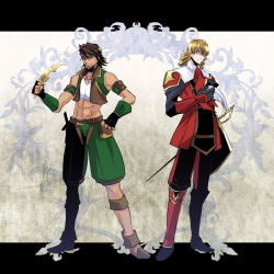 Rule 34 | 2boys, alternate costume, bad id, bad pixiv id, bare shoulders, barnaby brooks jr., blonde hair, boots, brown eyes, brown hair, cosplay, crossover, dagger, facial hair, final fantasy, final fantasy xi, glasses, gloves, green eyes, hat, kaburagi t. kotetsu, knife, letterboxed, male focus, midriff, multiple boys, no headwear, oze, rapier, red mage (final fantasy), shield, short hair, stubble, sword, thief (final fantasy), tiger &amp; bunny, vest, weapon