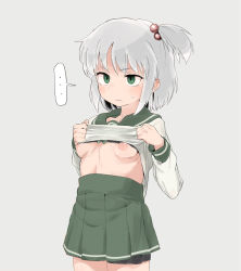 Rule 34 | ..., 1girl, akita (20033203), amasaki nana, breasts, clothes lift, cracklecradle, female focus, green eyes, green skirt, grey background, grey hair, hair bobbles, hair ornament, highres, nipples, one side up, pleated skirt, puffy areolae, sailor collar, shirt lift, simple background, skirt, small breasts, solo, spoken ellipsis, thigh strap