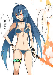 1girl absurdres ahoge bikini blue_bikini blue_hair blush breasts cleavage commentary_request fire hand_on_own_hip highres hinanawi_tenshi holding holding_sword holding_weapon kakaricho_dairi long_hair looking_at_viewer medium_breasts navel red_eyes serious sidelocks simple_background solo speech_bubble sweatdrop swimsuit sword sword_of_hisou touhou translation_request v-shaped_eyebrows weapon white_background