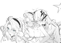 Rule 34 | 2girls, arknights, bite mark, bite mark on shoulder, blue eyes, blush, breasts, bright pupils, dragon girl, dragon horns, erection, fellatio, futa with female, futanari, greyscale, highres, horns, joshua (shisanli934), kristen (arknights), large penis, licking, licking penis, looking at viewer, medium breasts, monochrome, multiple girls, nipples, oral, penis, pov, pov crotch, saria (arknights), sex, simple background, sketch, smile, spot color, sweat, uncensored, veins, veiny penis, white background, white pupils