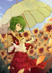 Rule 34 | 1girl, absurdres, ascot, breasts, closed umbrella, collared shirt, field, flower, flower field, frilled ascot, frills, green hair, highres, kazami yuuka, long sleeves, ooz, open clothes, open vest, parasol, petals, plaid, plaid skirt, plaid vest, red eyes, red skirt, red vest, shirt, short hair, skirt, skirt set, small breasts, sunflower, sunflower field, touhou, umbrella, vest, wavy hair, white shirt, yellow ascot