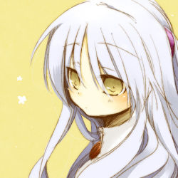 Rule 34 | 1girl, angel beats!, blush, closed mouth, commentary request, expressionless, grey hair, long hair, lowres, necktie, red necktie, shirt, simple background, solo, tenshi (angel beats!), uru uzuki, white shirt, yellow background, yellow eyes