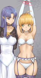 Rule 34 | 1girl, 2girls, ahoge, alternate costume, armpits, arms up, artoria pendragon (all), artoria pendragon (fate), bare shoulders, black choker, black dress, black gloves, blonde hair, blue eyes, blue hair, blue ribbon, blunt bangs, bra, braid, breasts, choker, cleavage, closed mouth, collarbone, commentary request, dress, elbow gloves, fate (series), frills, garter belt, garter straps, gloves, gluteal fold, green eyes, grey background, hair intakes, hair ribbon, highres, holding, holding clothes, holding dress, legs together, long hair, medea (fate), medium breasts, multiple girls, navel, panties, parted lips, pointy ears, ribbon, saber (fate), short hair, sidelocks, smile, strapless, thigh gap, thighhighs, tsuki suigetsu, underwear, underwear only, unworn dress, white bra, white dress, white gloves, white panties, white thighhighs