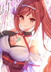 Rule 34 | 1girl, bare shoulders, breasts, chest jewel, cleavage, core crystal (xenoblade), criss-cross halter, detached sleeves, edamameoka, fingerless gloves, glimmer (xenoblade), gloves, halterneck, high ponytail, highres, japanese clothes, kimono, large breasts, long hair, looking at viewer, obi, ponytail, red hair, sash, solo, swept bangs, white kimono, wide sleeves, xenoblade chronicles (series), xenoblade chronicles 3, xenoblade chronicles 3: future redeemed
