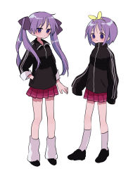 Rule 34 | 2girls, blush, bow, hair bow, hairband, hand in pocket, highres, hiiragi kagami, hiiragi tsukasa, jacket, loafers, long hair, long sleeves, looking at viewer, loose socks, lucky star, multiple girls, oversized clothes, pleated skirt, purple eyes, purple hair, ri (qrcode), shoes, short hair, siblings, sisters, skirt, sleeves past fingers, sleeves past wrists, socks, track jacket, twins
