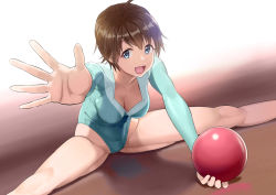 Rule 34 | 1girl, :d, ahoge, ball, blue eyes, blue leotard, breasts, brown background, brown hair, cleavage, feet out of frame, foreshortening, gymnastics, indoors, leotard, medium breasts, open mouth, rhythmic gymnastics, shadow, short hair, smile, solo, split, stretching, tomato (madanai the cat)