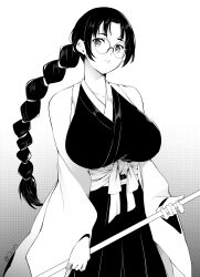 Rule 34 | 1girl, absurdres, bare shoulders, bleach, bleach: sennen kessen-hen, braid, braided ponytail, breasts, glasses, greyscale, highres, himwi, holding, japanese clothes, katori batsuunsai, large breasts, long braid, long hair, looking at viewer, monochrome, single braid, solo