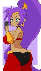 Rule 34 | 1girl, absurdres, ass, ass focus, blue eyes, breasts, butt crack, cellphone, dark-skinned female, dark skin, gauntlets, highres, holding, holding phone, huge ass, large breasts, long hair, looking down, phone, ponytail, purple hair, shantae, shantae (series), smartphone, solo, tagme, thong, very long hair, wide hips, winzaku