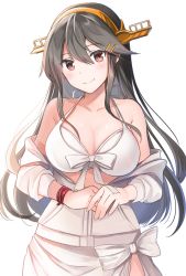 Rule 34 | 1girl, absurdres, bikini, blush, breasts, brown eyes, cleavage, commentary, grey hair, hair ornament, hairclip, haruna (kancolle), headgear, highres, jacket, kantai collection, large breasts, long hair, off shoulder, open clothes, open jacket, sarong, sidelocks, simple background, solo, swimsuit, white background, white bikini, white jacket, yunamaro